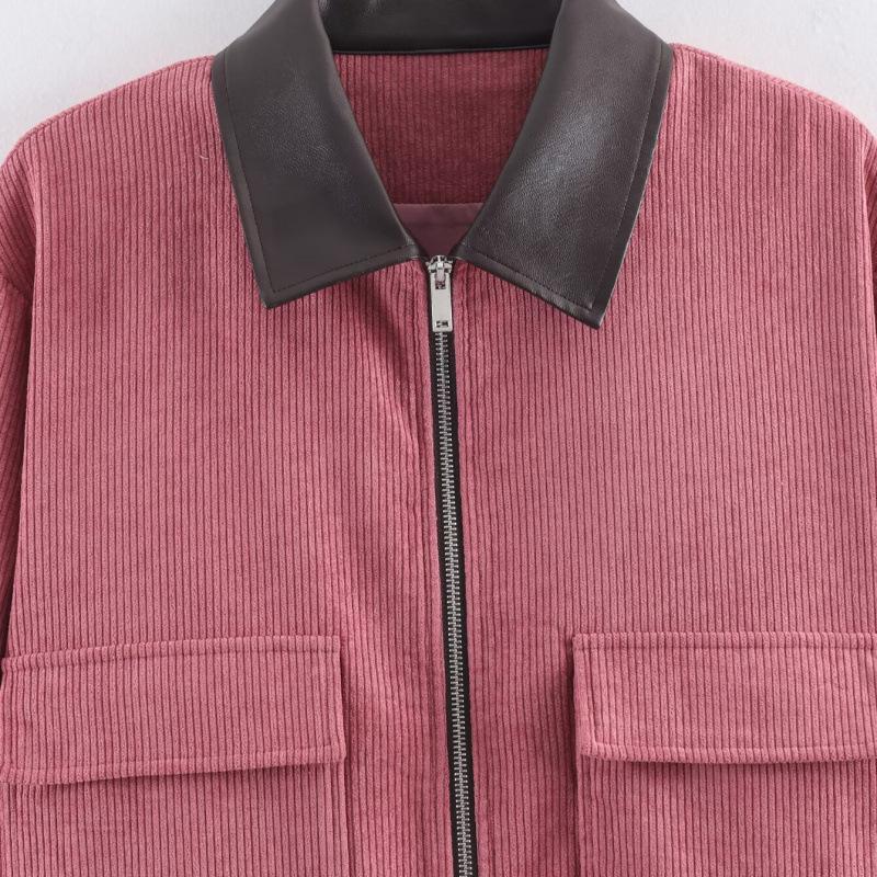 2026 Spring Fashion: European & American Style Corduroy Patchwork Jacket with Leather Collar - Available in 3 Colors
