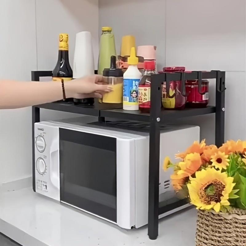 1 szt. Trójkątna Półka z Haczykami, Rozszerzalny Metalowy Stojak na Kuchenkę Mikrofalową - Pionowy Stojak do Przechowywania na Blacie na Piekarnik Toaster, Frytkownicę Powietrzną