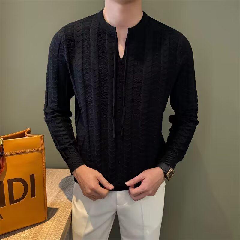 Men s Casual High-End V-Neck Polo Sweater - European & American Style, Autumn/Winter Collection 3XL