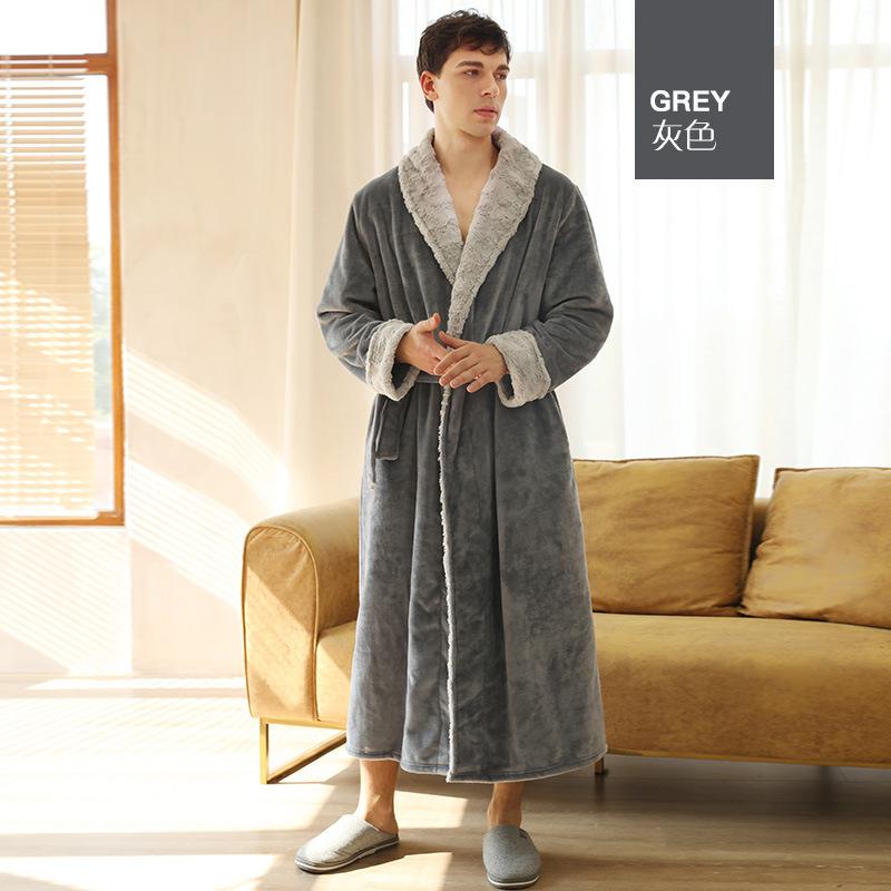 Plus Size Men's Autumn Winter V Neck Flannel Bathrobe Couple's Thickened Long Robe Lace Up Loungewear with Pockets