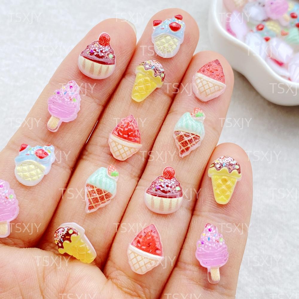 50Pcs New Mixed Nail Art Cute Cartoon Mini Colored Ice Cream Charms Rhinestones DIY Craft For Nail 3D Decorations