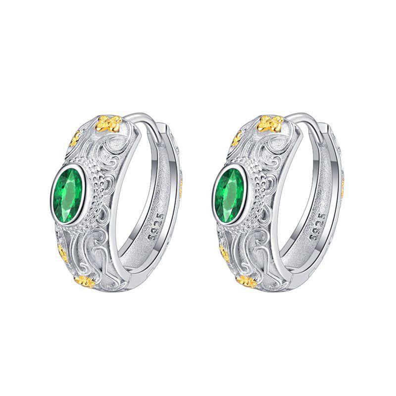 

Серебряные серьги S925 Court Pattern Relief, женские серьги с объемной гравировкой в виде цветка, контрастные золотые и серебряные зеленые циркониевые серьги