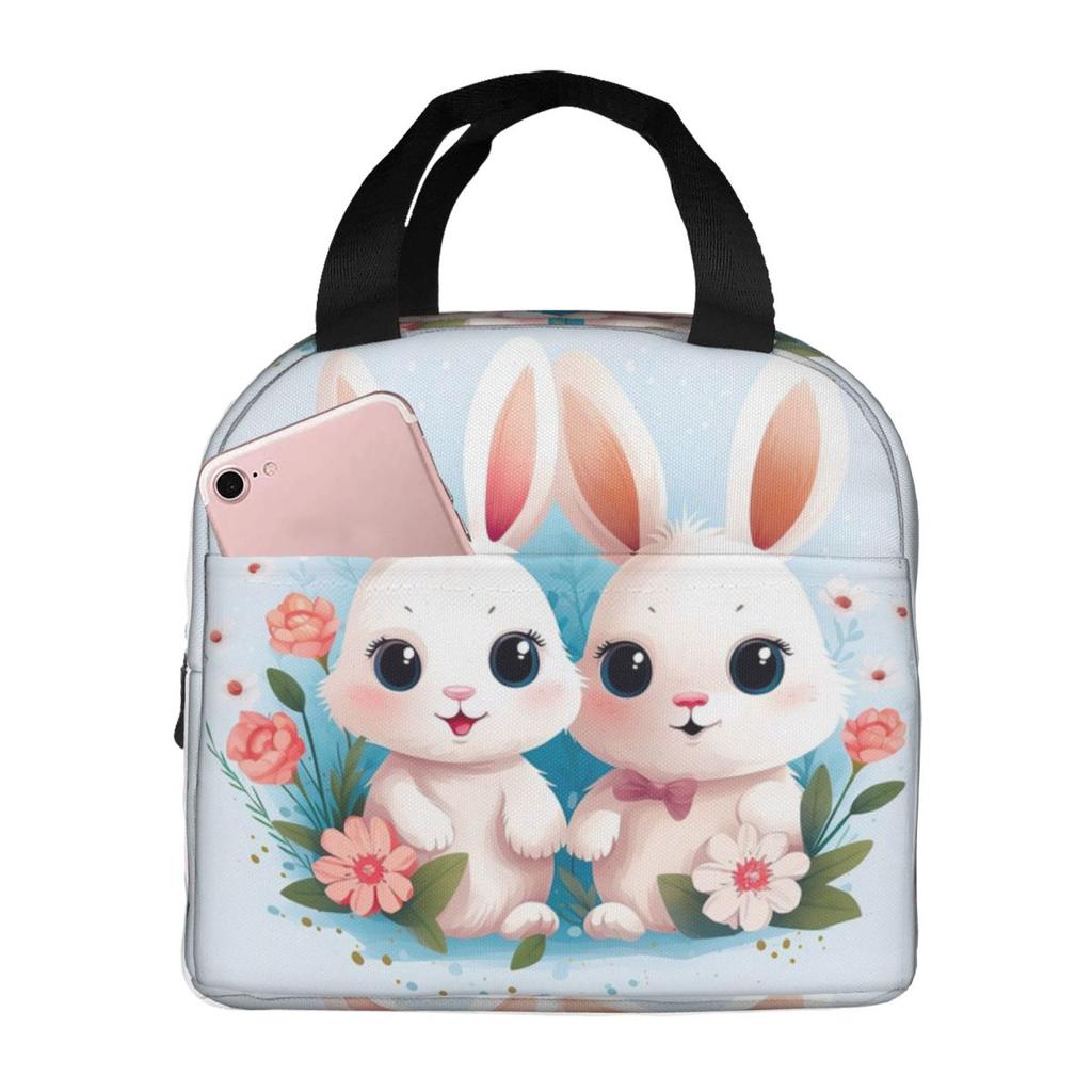 Cute Cartoon Two Little White Rabbits Insulated Lunch Bag for Women Cooler Thermal Food Box Tote Leakproof Lunch Boxes Container