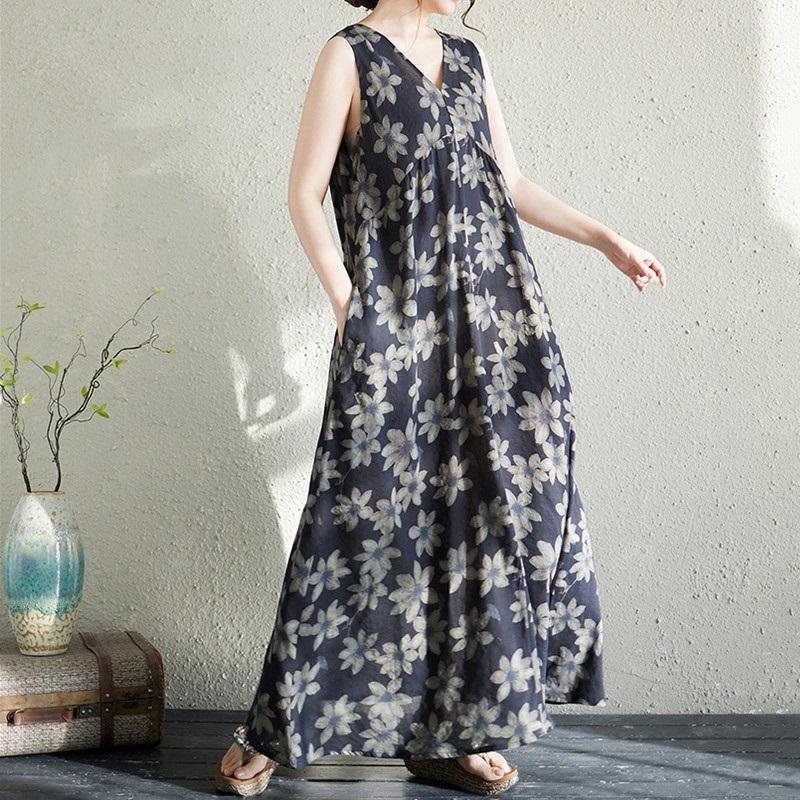 Sleeveless Plus Size Cotton Vintage Floral New In Dresses for Women Casual Loose Long Summer Dress