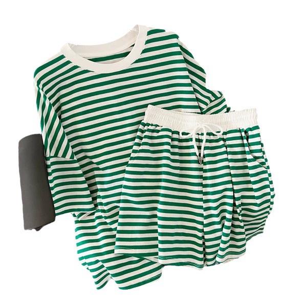 Women's Spring and Summer Round Neck Striped Casual T-shirt + Sports Shorts Two Sets