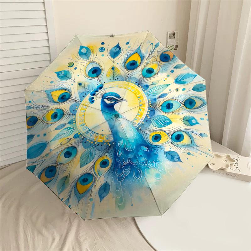 

1PC Peacock Feathers Automatic Open/Close Umbrella Compact Folding Umbrella with 8-Rib Shaft lightweight esign, Highquality Fabric1132A