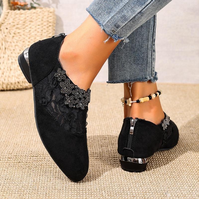 New Single Shoes for Autumn Women's Fashion Round Toe Suede Spliced Mesh Crystal Flower Soft Sole Non-Slip Low-Top Shoes
