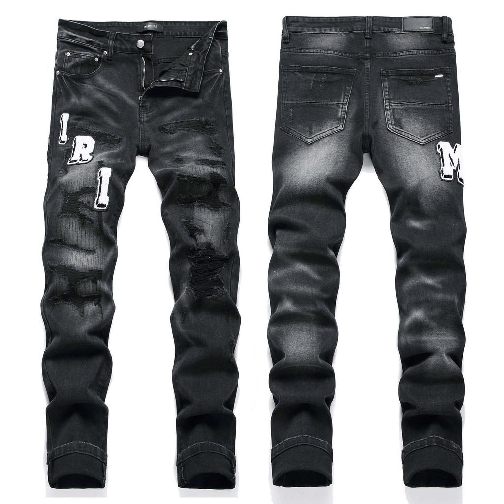 Jeans de Moda Juvenil Negros Slim-fit Desgastados Rotos Patchwork Elásticos para Hombre Pantalones Vaqueros Estilo 3529