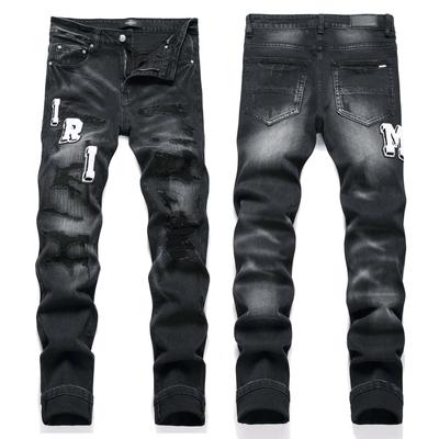 Trendy Youth Black Slim-fit Jeans Distressed Ripped Patchwork Elastic Mens Denim Pants Style 3529