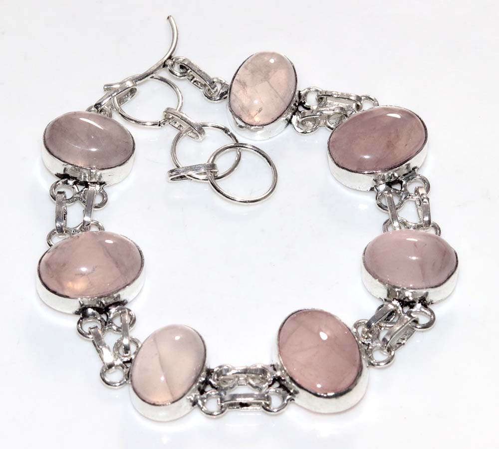 Pretty Rose Quartz 925 Silver Plated Bracelet 9.5" Budget Friendly Gift B6o88