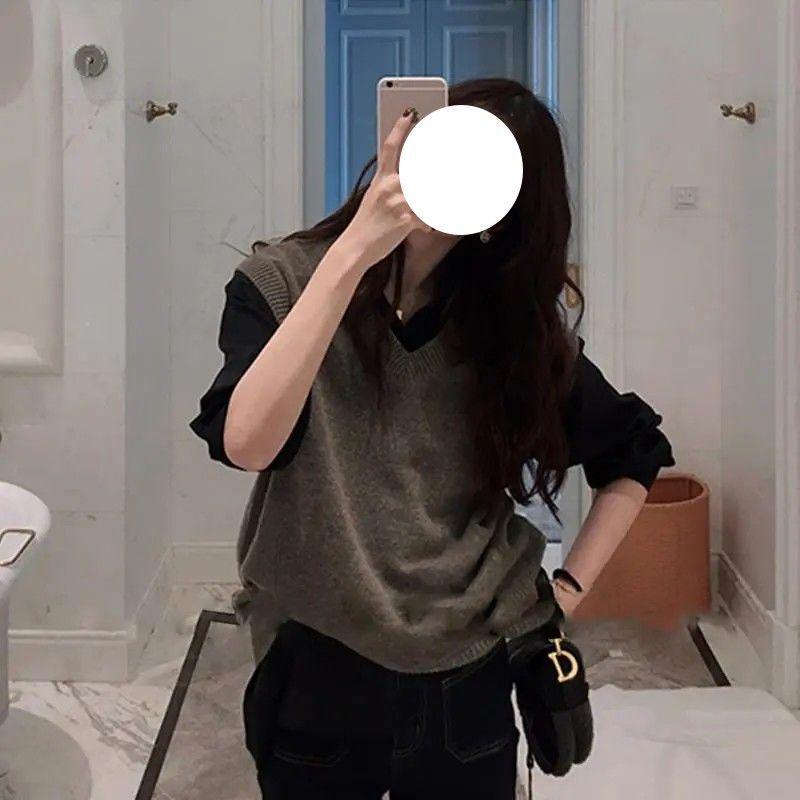 Korean Style V-Neck Vest & Long-Sleeve Blouse Set for Women - Casual Spring/Autumn Wear