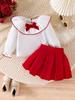 New Girl's European & American Clothing Set: White Long-Sleeve Top + Red Short Skirt