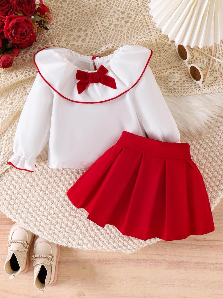 New Girl's European & American Clothing Set: White Long-Sleeve Top + Red Short Skirt