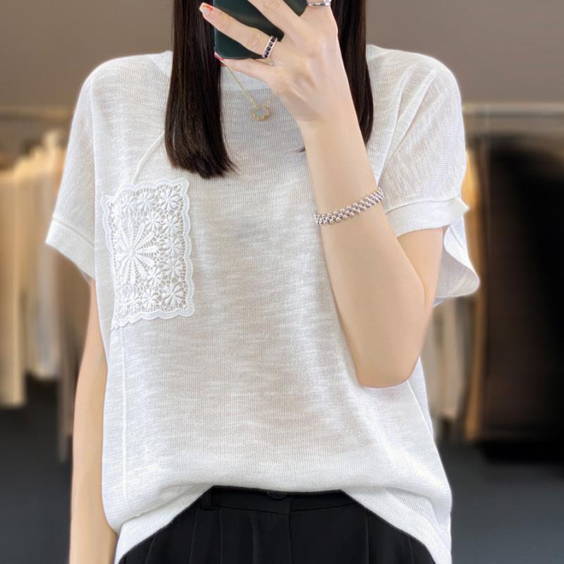 

Бамбуковый узел Хлопковый свитер с круглым вырезом, карманом с крючком, короткими рукавами, женский, модный, универсальный, трендовый топ, удобная базовая рубашка XXL