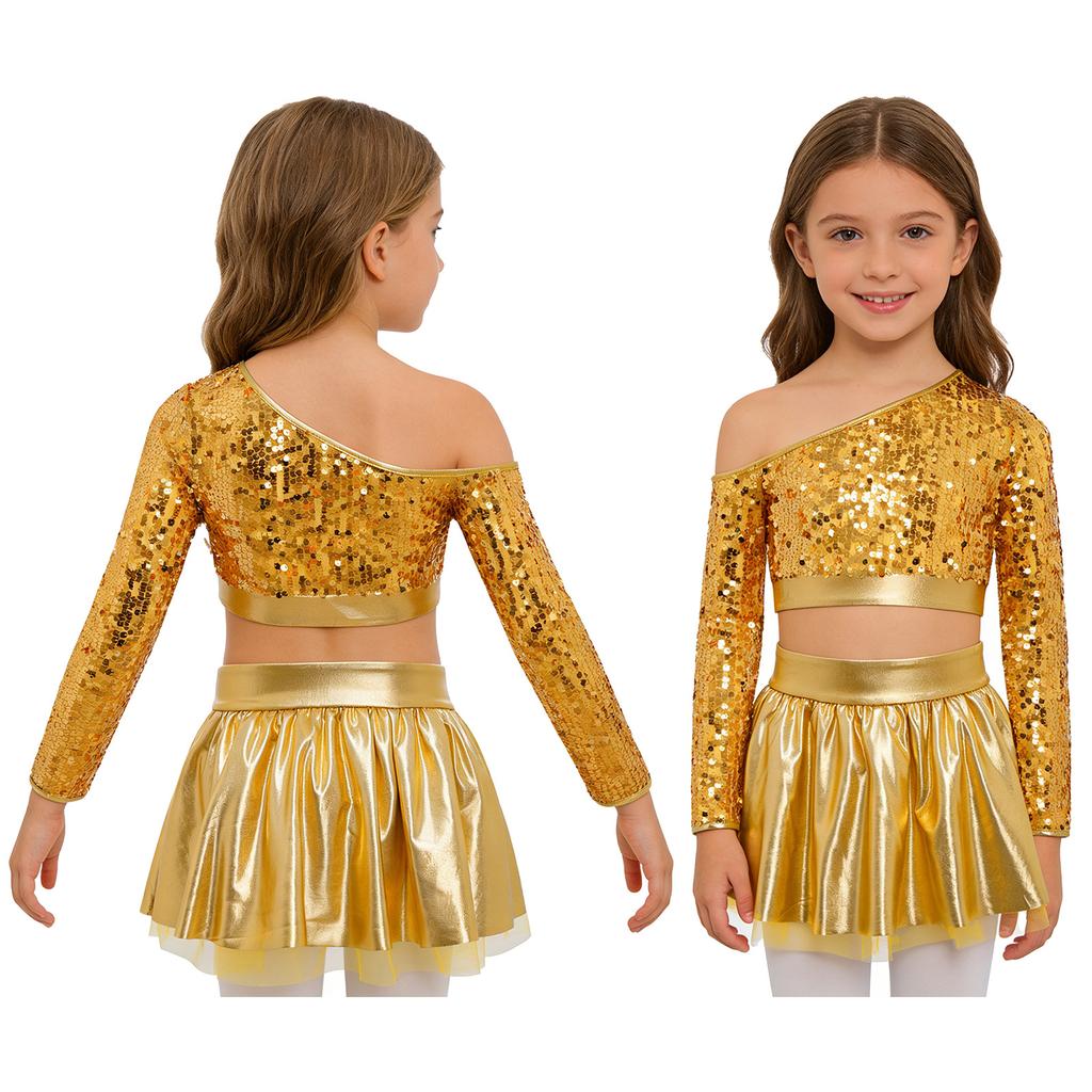Kids Girls Jazz Dance Costume One Shoulder Long Sleeve Sequins Top with Elastic Waistband Metallic Tutu Skirt for Performance Competition