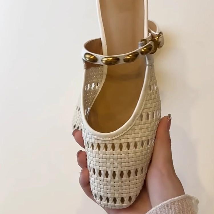 Soft Leather Edition~ Gentle Versatile Coarse Heel Woven Baotou Shoes Women's French Metal One-word Belt Hollow Breathable Semi-Slippers