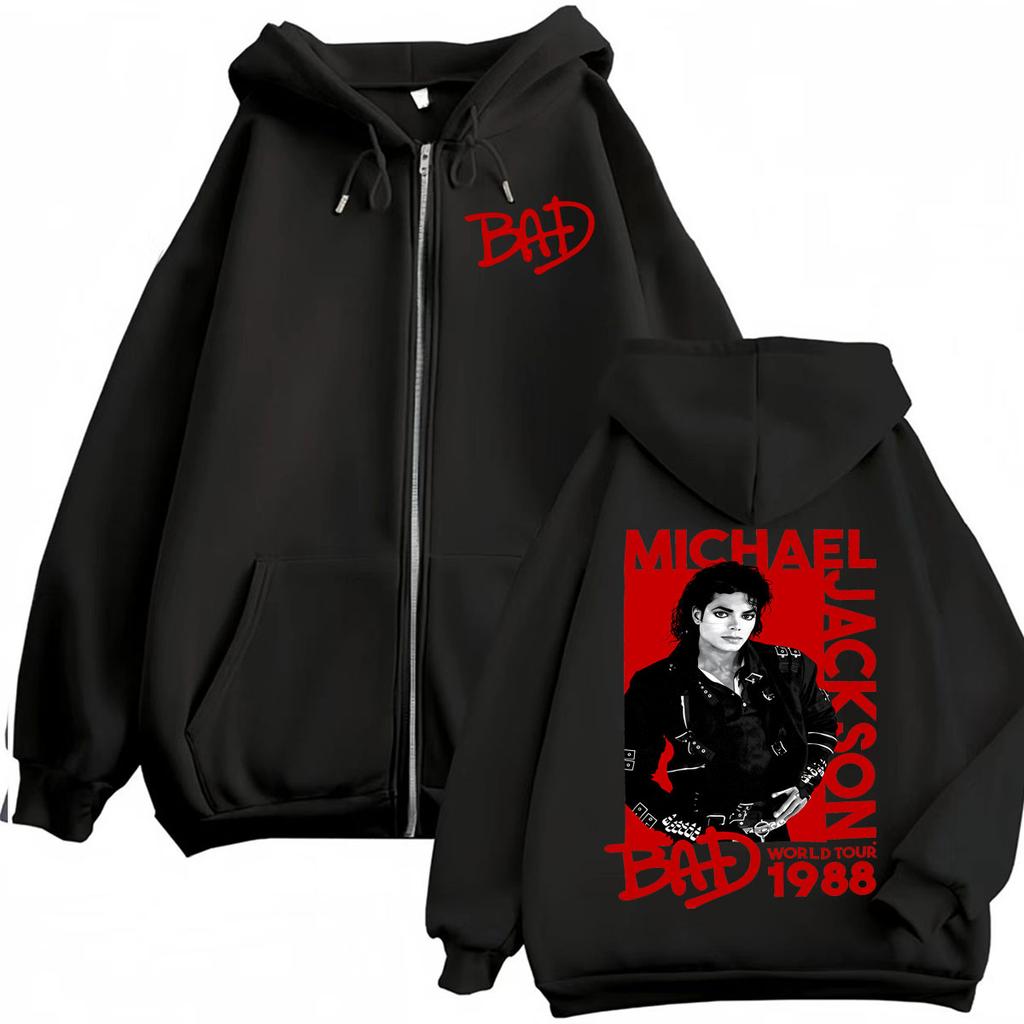 Re del Pop Michajackson Era Bad Felpa con Cappuccio e Zip Uomo Donna Harajuku Streetwear Giacca Felpa Pile Casual Zip-Up Pullover