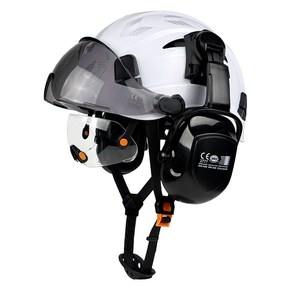 CE Construction Safety Helmet With Built In Goggles Earmuffs Reflective Stickers Hard Hat With Visor Adjustable Vented ABS Hardh