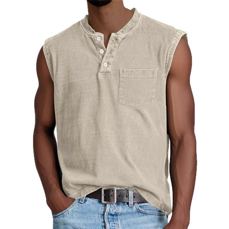 Herren gewaschenes Henley ärmelloses Tanktop lässig V-Ausschnitt einfarbig Muskelshirt mit Brusttasche