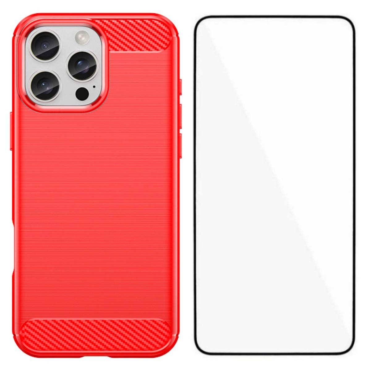 

For iPhone 16 Pro Case with Screen Film WANLONFENG LS Series Big Lens Hole Brushed Texture TPU Phone Cover Red