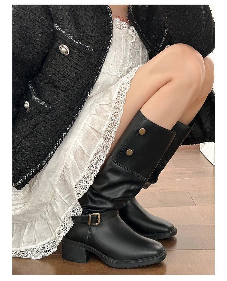

Tall tube can be turned over knee boots autumn versatile knight boots women s 2025 thick heel fold retro fashion buttons new 40 чёрный