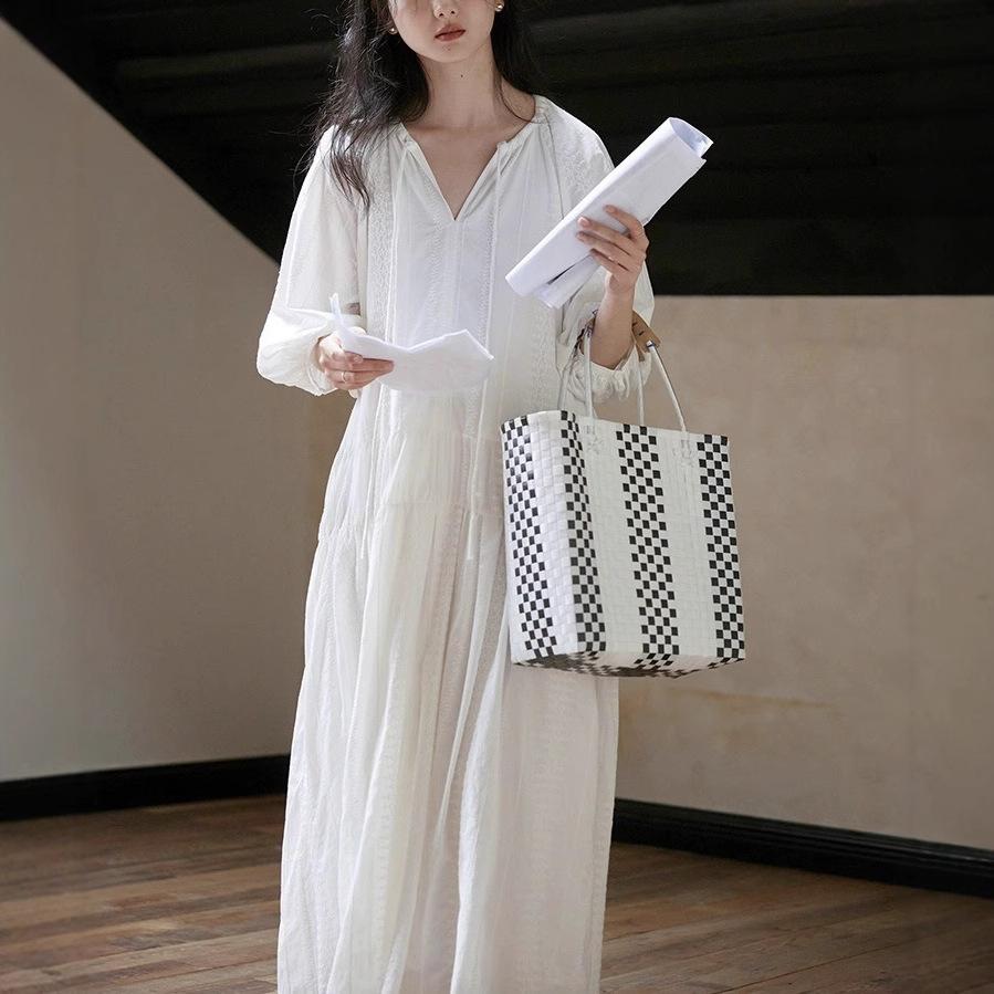 White Moonlight Small White Dress~ Romantic French Holiday Style Lace-up Long Dress Women's Loose Dress