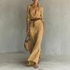 Robe chemise d'été pour femme à manches longues, col en V, boutonnée, ceinturée, longue, style bohème, froncée, tenues de vacances à la plage