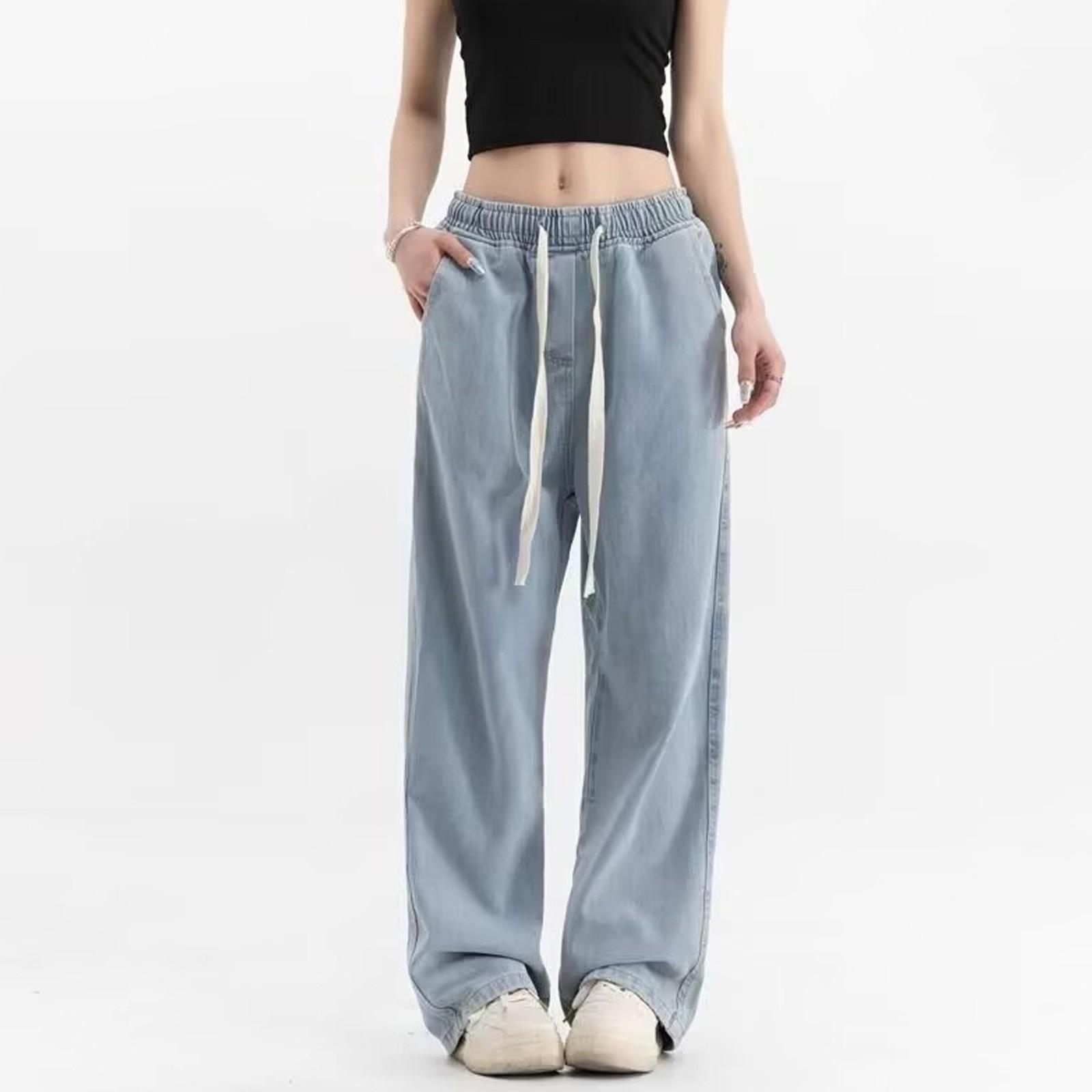 

Женские потертые джинсы с высокой талией, модные универсальные прямые джинсы с эластичной талией XL светло-синий