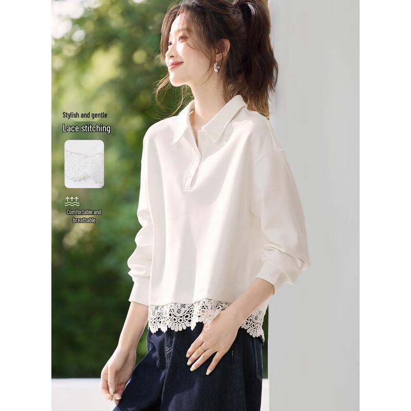 

Women s Breathable Lace-Stitched Lapel Sweatshirt L