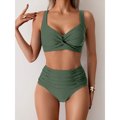 2026 Neue Einfarbige Bikini-Sets mit Hoher Taille Badeanzug für Damen Push-Up Bademode Damen Zweiteilig Badeanzug Strandmode Badeanzug