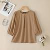 ZANZEA Blusa casual da donna a maniche 3/4 a tinta unita con scollo rotondo