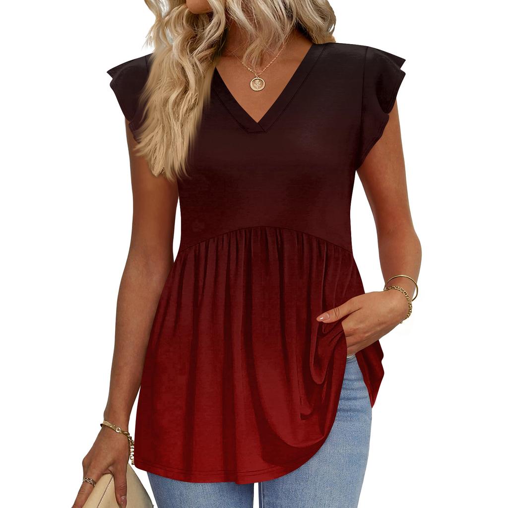 Womens Tops Fashionable V-neck Ruffled Sleeve Short-sleeved T-shirt Business Blouses