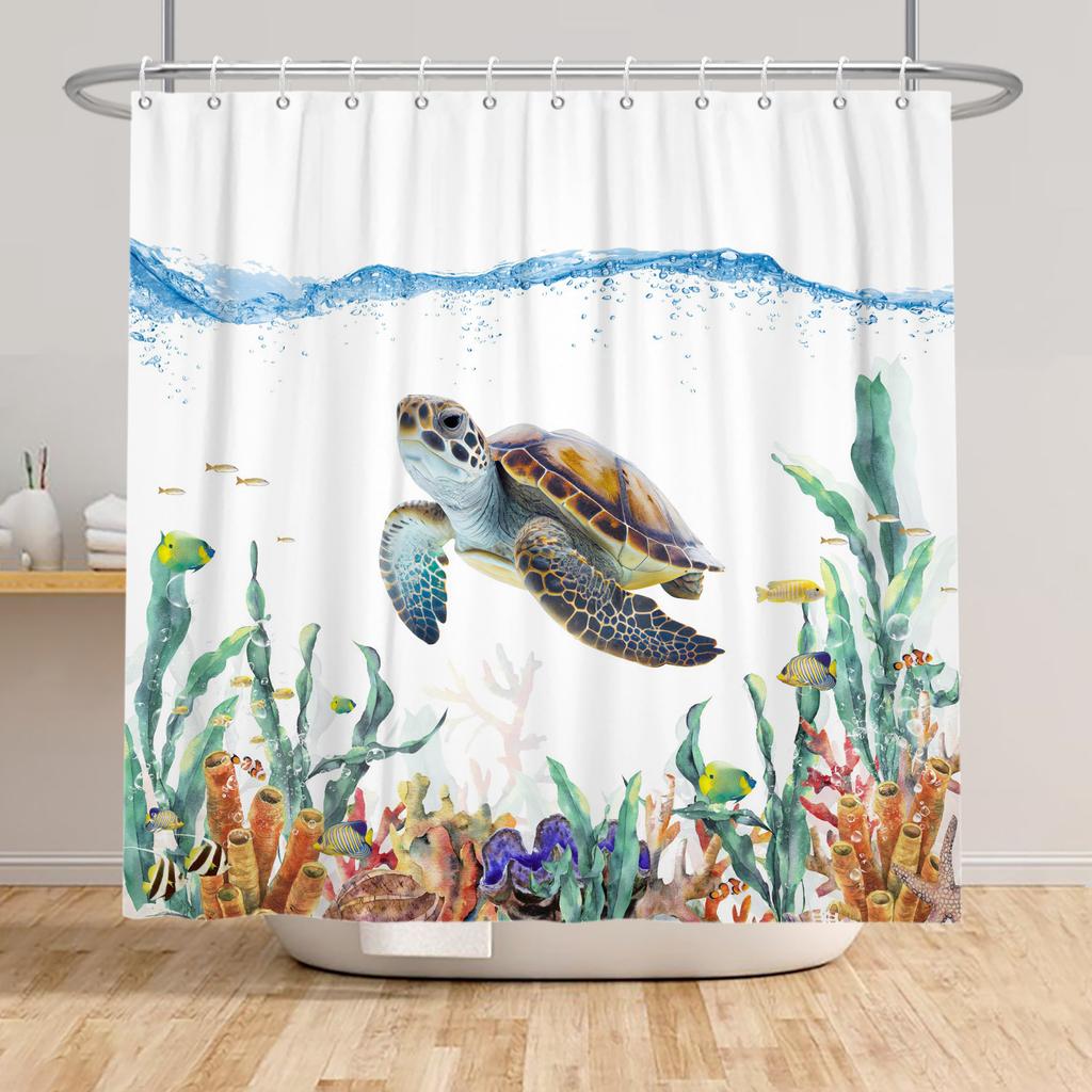 Ocean Theme Shower Curtain Underwater Marine Animal Patterns Sea Turtle Dolphin Whale Jellyfish Print Waterproof Bathroom Decor