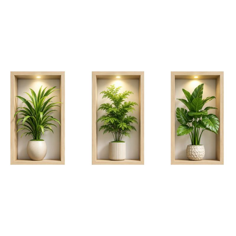 3 Pezzi Piante Verdi Adesivo Murale Piante in Vaso Pittura Simulazione Per Soggiorno Decorazione Casa Parete di Sfondo Arte Adesivi Rimovibili