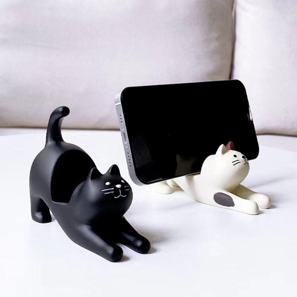 New Resin Stretching Cat Desktop Stand White Black Cat Shaped Resin Cat Crafts Lazy Mobile Phone Stand Watching TV