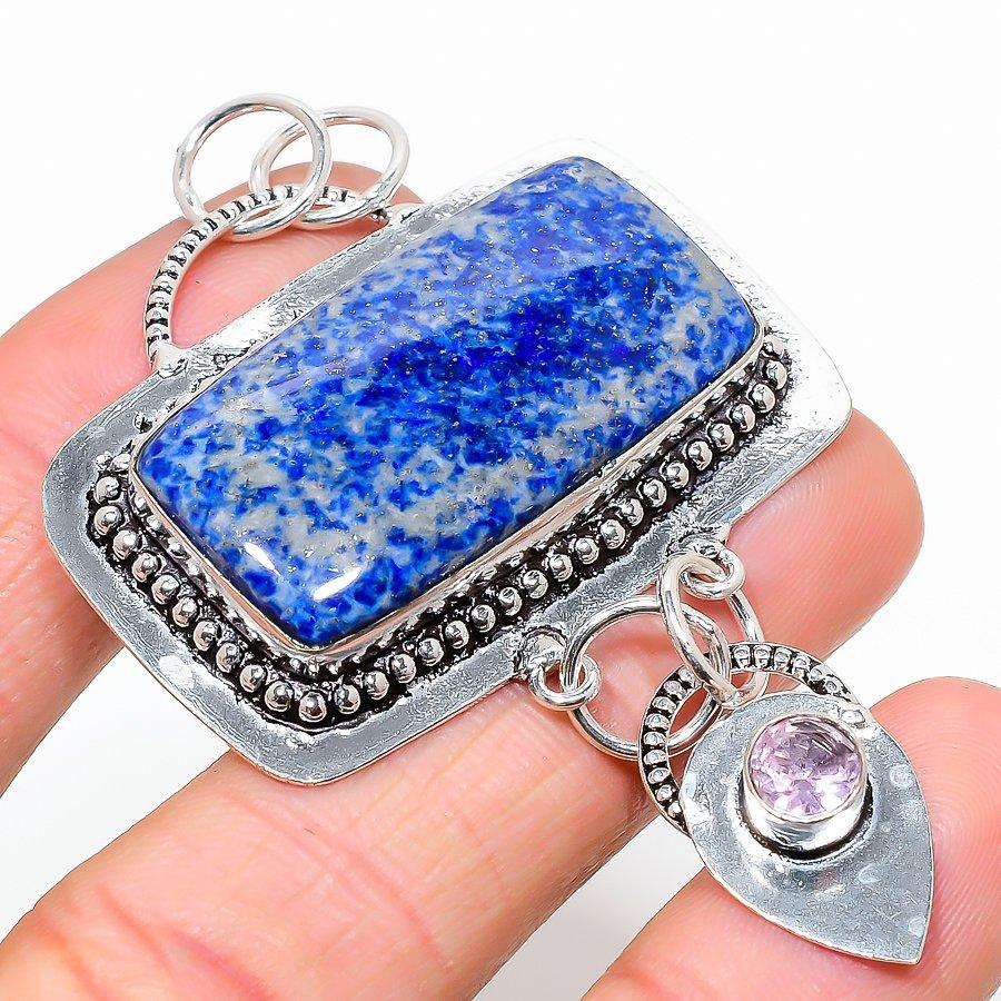 

Этническая ювелирная подвеска ручной работы с лазуритом и кунцитом, 2,76 дюйма, VR-1841