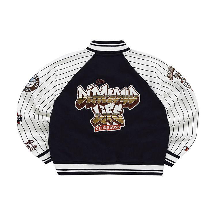 FILA Fusion Letter Print Striped Sleeve Baseball Jacket Women jackets Black T11W312702F-BK