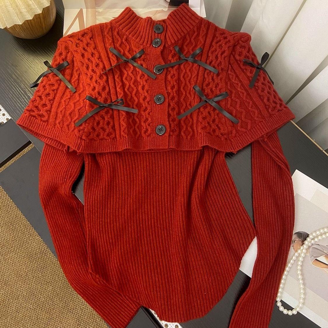 

Женский красный вязаный свитер с многослойным бантом, нерегулярной шалью и полувысоким воротником для осенне-зимнего рождественского сезона Small