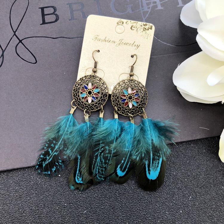 Original bohemian natural velvet feather earrings, female retro personality versatile elegant fringed fashion ear jewelry