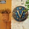 Vintage Metal Wall Decor Ornate Letter V Plaque 8x8 Inch Aluminum Baroque Home Art Turquoise Golden 2D Flat Hanging