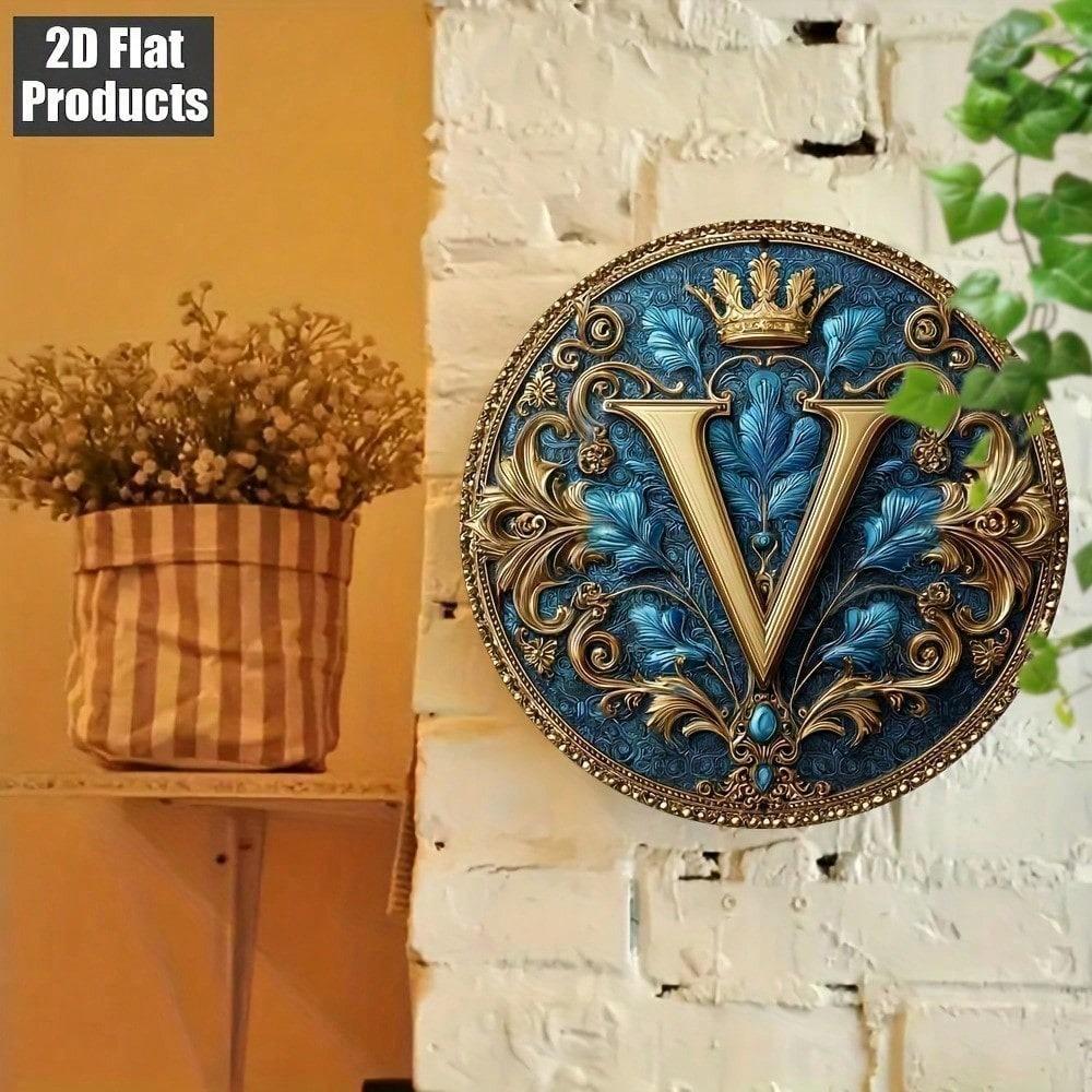 Vintage Metal Wall Decor Ornate Letter V Plaque 8x8 Inch Aluminum Baroque Home Art Turquoise Golden 2D Flat Hanging
