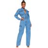 Europe and America Cross Border Stretch Bellows Pocket Wash Denim Jumpsuit Jumpsuit Bell-Bottom Pants Jeans Jumpsuits
