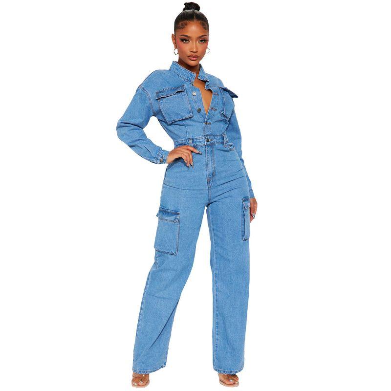 Europe and America Cross Border Stretch Bellows Pocket Wash Denim Jumpsuit Jumpsuit Bell-Bottom Pants Jeans Jumpsuits