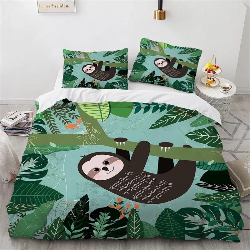 Sloth Bedding Set Kawaii Animals Comforter Cover For Boys Girls Teens,Botancial Flowers Duvet Cover Cartoon Wildlife Quilt Cover