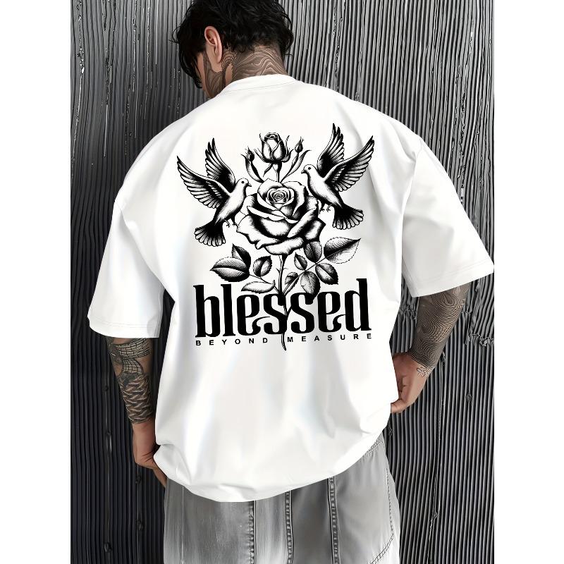 Classic T-Shirt Featuring a Rose, a White Dove, And The Phrase  Blessed Beyond Measure   Shirt That Combines Urban Fashion with a Message of Blessings S