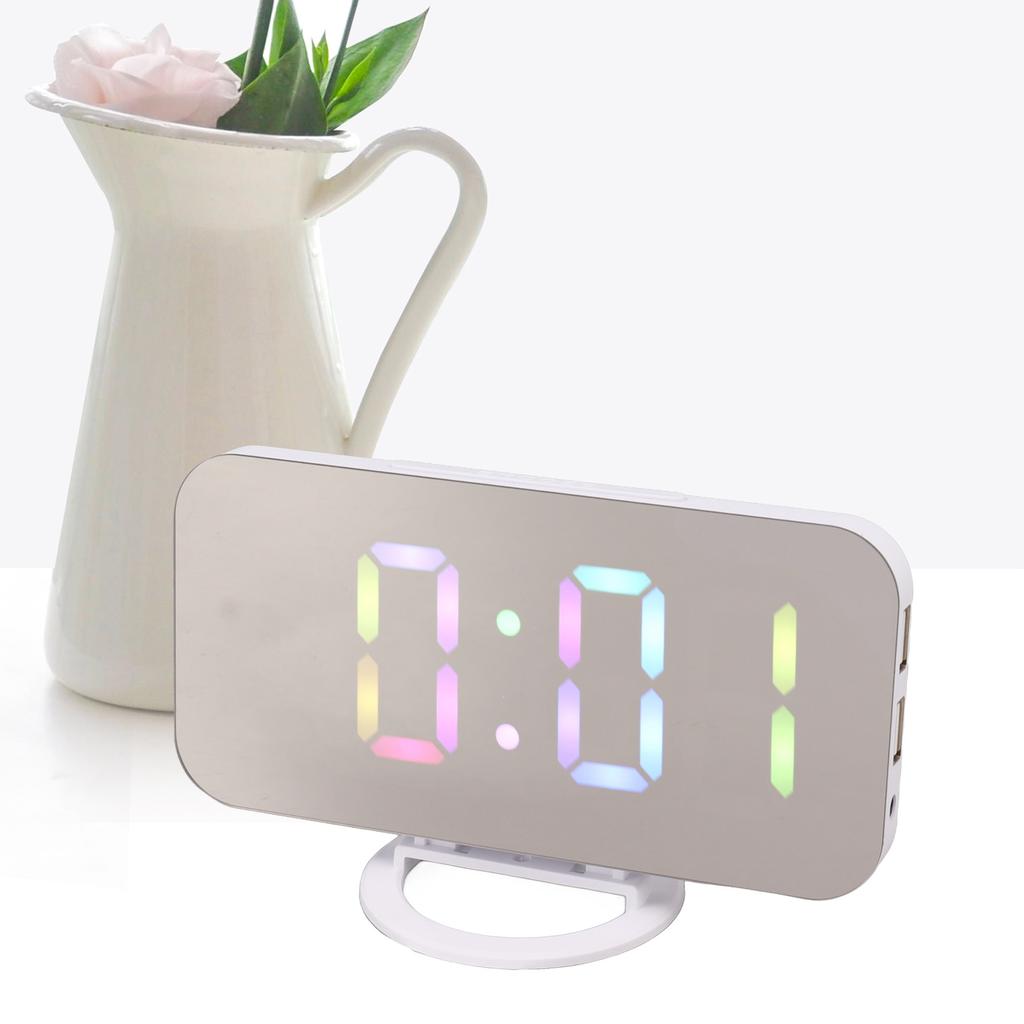 LED Mirror Digital Alarm Clock Large Brightness Colorful RGB Display Beside Digital Clock with Dual USB Ports