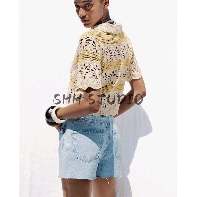 Summer New Product Women's Clothes Vacation Style Decorated Row Button Jacquard Mesh Lapel Sleeveless Knitting Tops 6236021