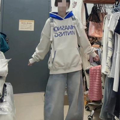 Retro Bluza z Kapturem i Kieszenią z Nadrukiem Litery dla Kobiet, Wiosenno-Jesienna, Łatana, Luźna, Codzienna