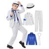Costum în dungi pentru copii cu cămașă satinată, pantaloni cu talie elastică, cravată albă și pălărie fedora, costum de performanță pentru băieți și fete