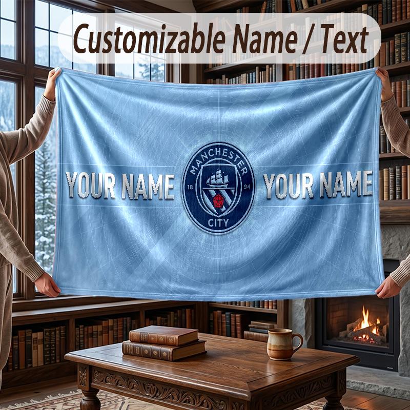 Custom Name Flannel Throw Blanket Manchester City Pattern Warm Home Decoration